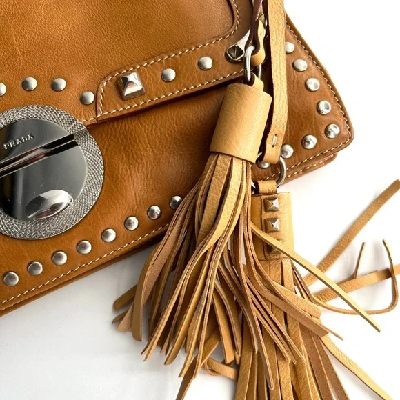 Prada Tan Leather Studded Shoulder Bag - Picture 4 of 13